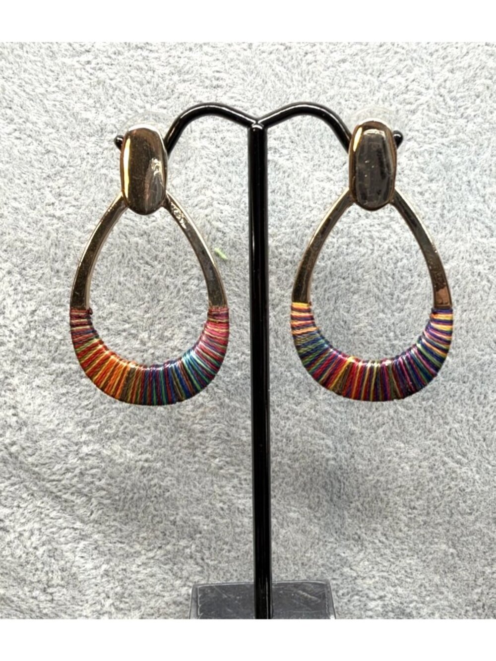 Gold Tone Rainbow Thread Wrapped Teardrop Dangle Earrings Boho Post Backs